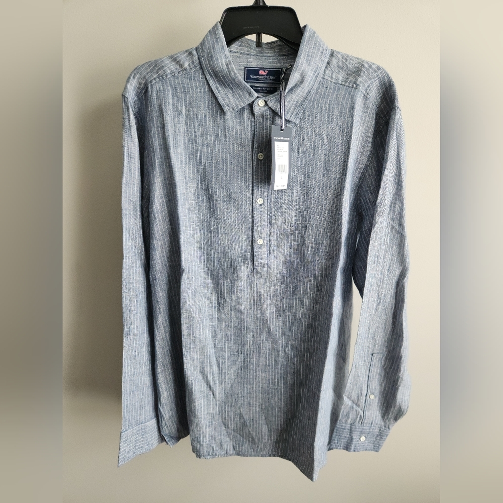 NWT Vineyard Vines Men's Classic Fit Stripe 100% Linen Blue Button Down - Large